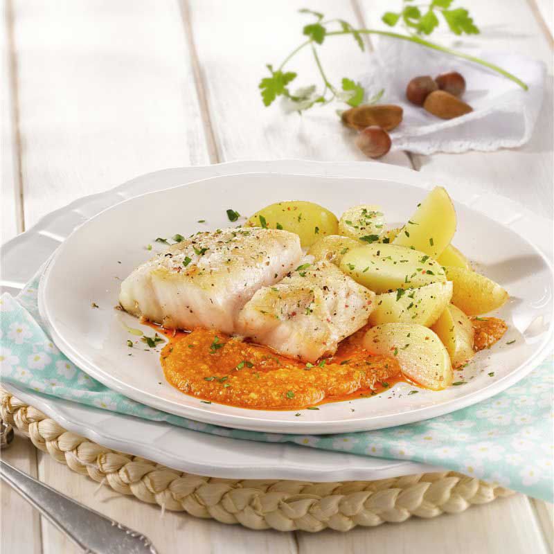 Hake with romesco sauce